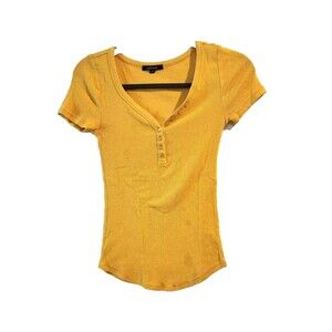 Ambiance Mustard Yellow Ribbed Henley Top - Short Sleeve Button Down Tee -Size M